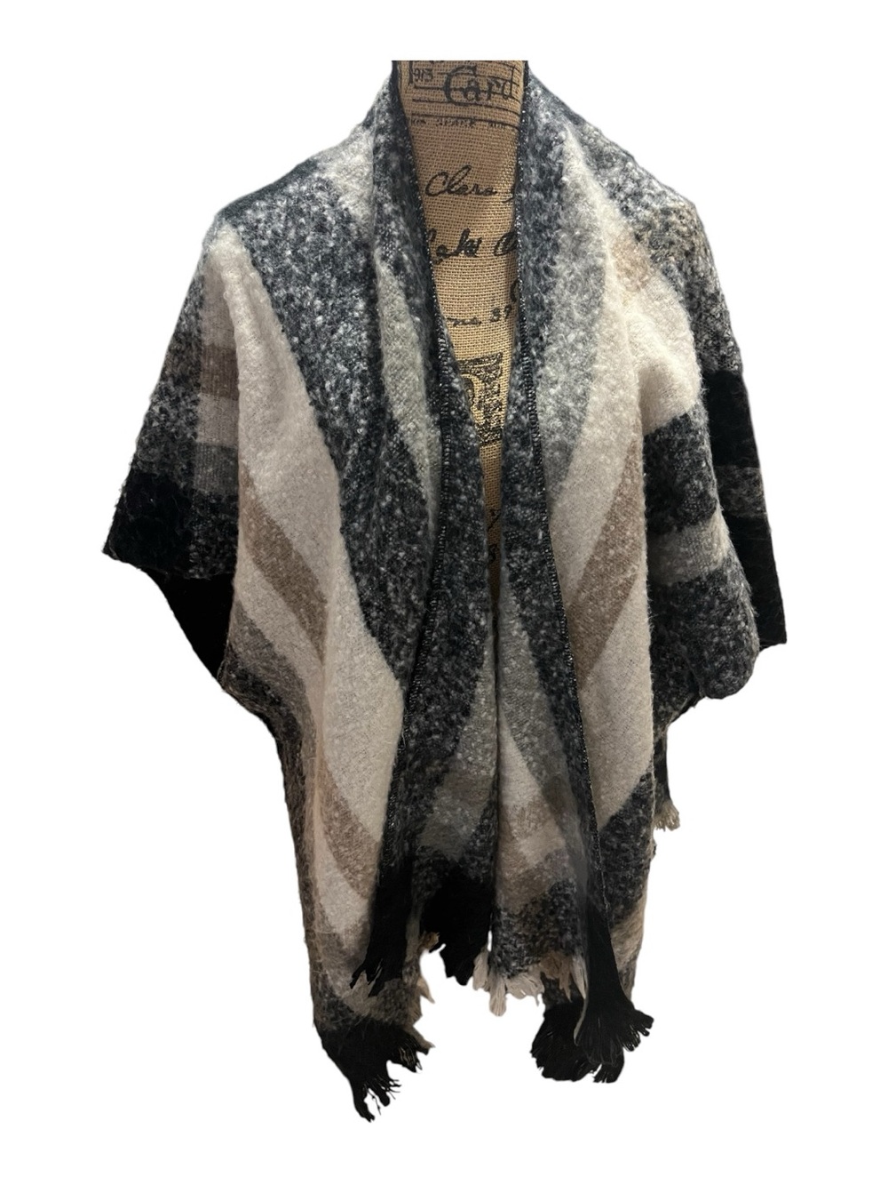 Nine West Striped Shawl Poncho in Black, Gray & Cream
